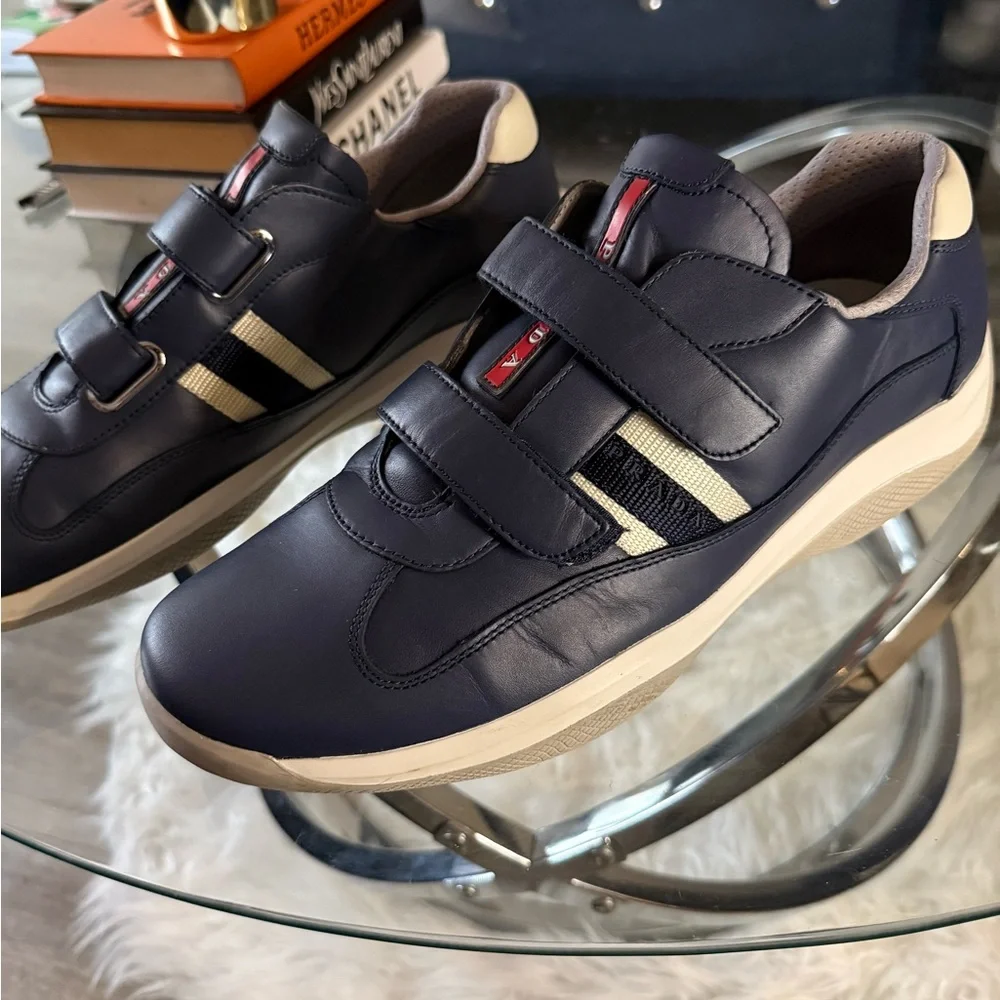 Prada Men's Navy Sneakers with White and Red Details - Picture 6 of 13